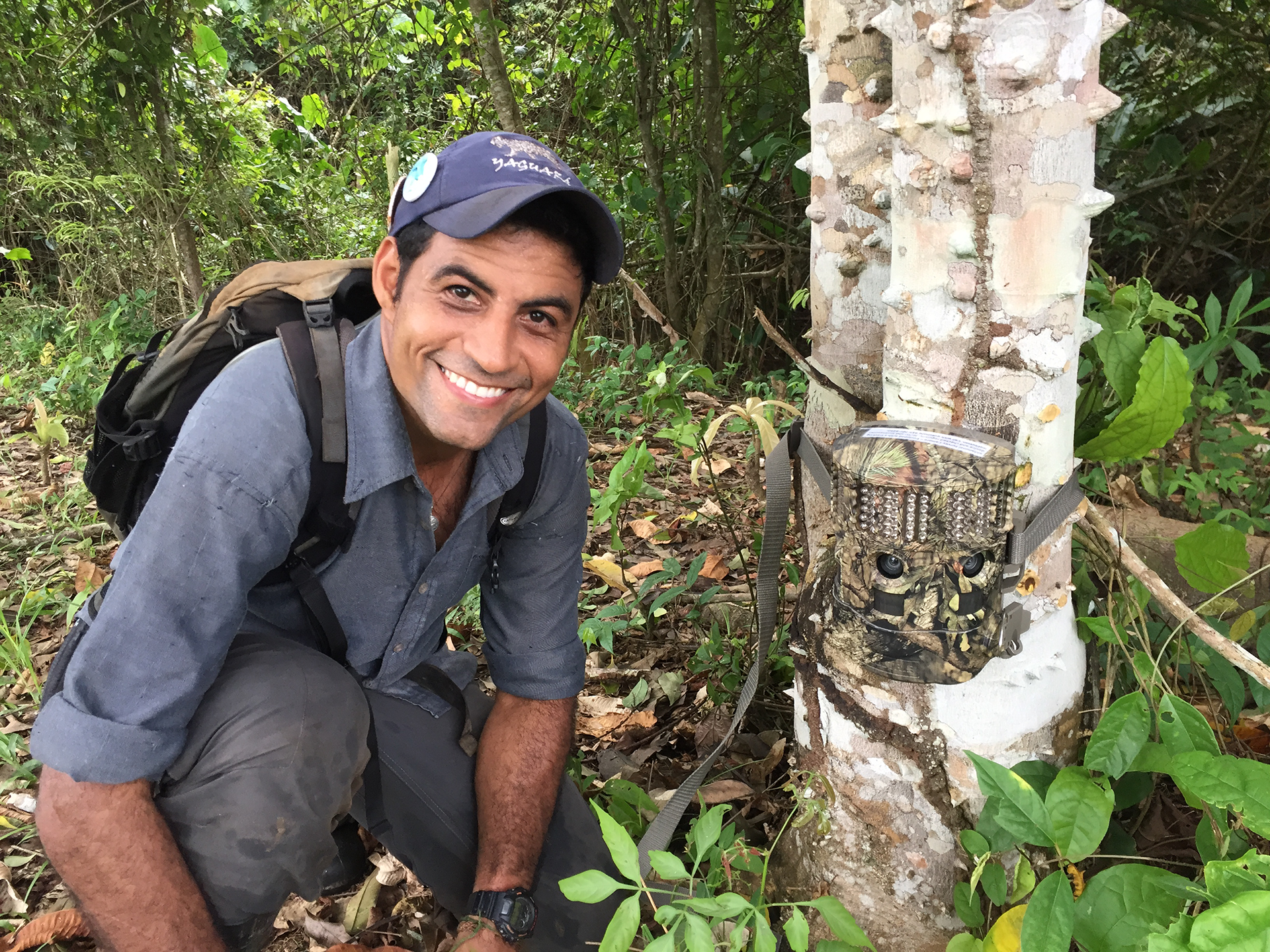 Ricardo Moreno with a camera trap used to catch pictures of wildlife, including shy predators like ocelots.